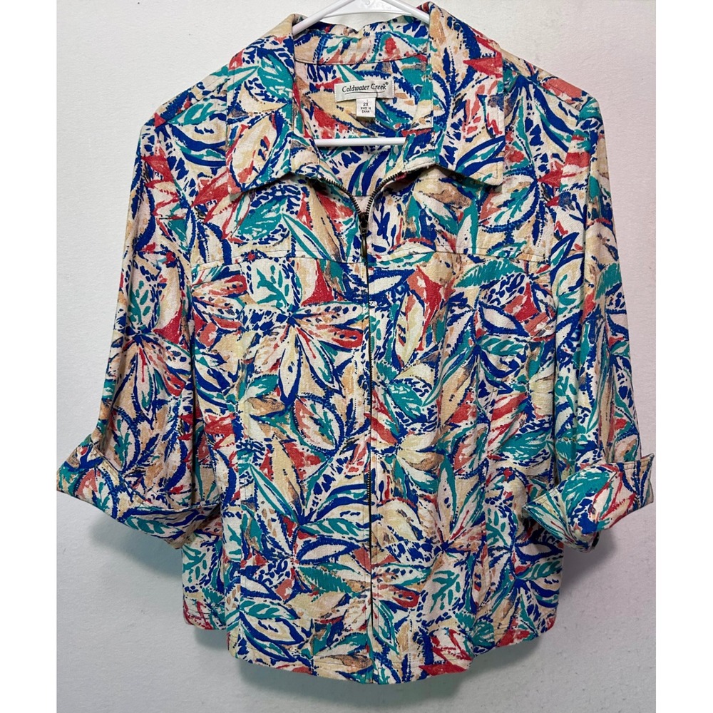 Coldwater Creek Womens 2X Tropical Leaf Full Zip Jacket Multi Color 3/4 Sleeve